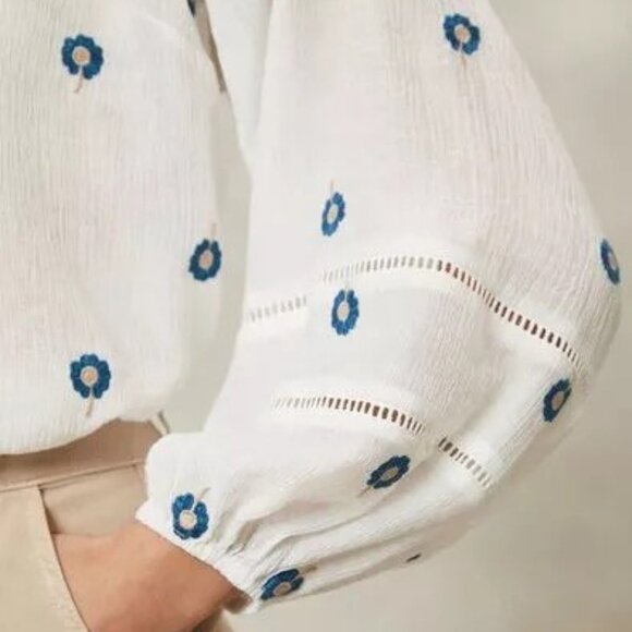 Mint Velvet White Ivory Floral Embroidered Top Volume Sleeves - Picture 2 of 13